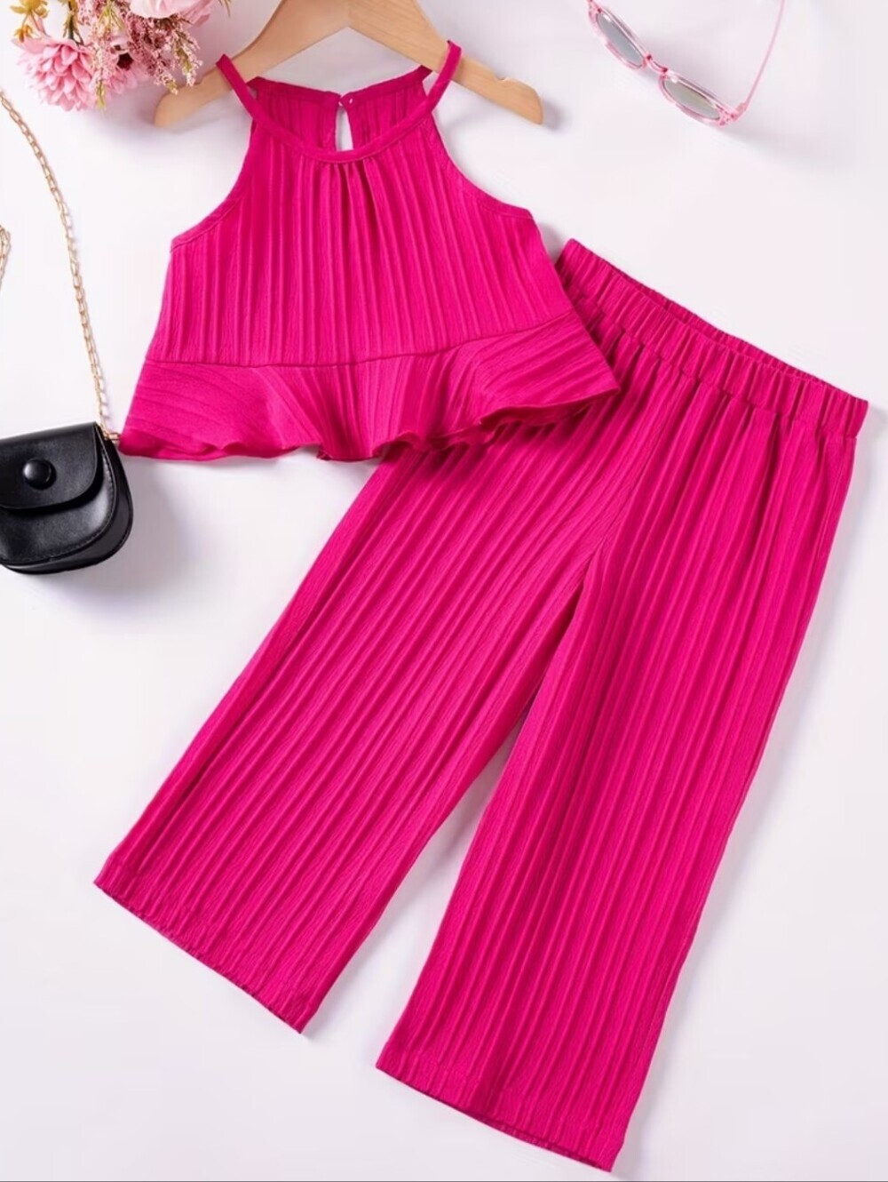 Girls Bright Fuchsia Pleated Two-Piece Set